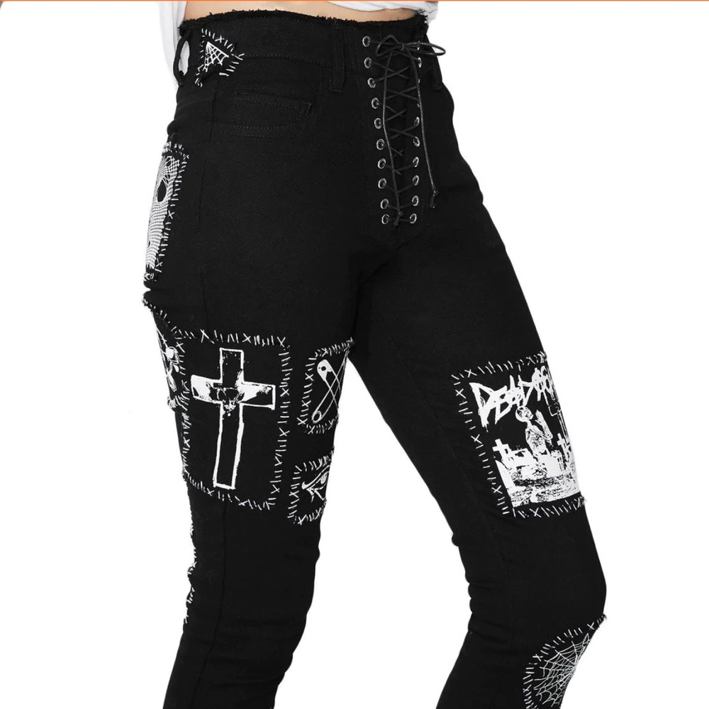Dolls Kill Black Skinny Patchwork Gothic Jeans - Picture 8 of 14